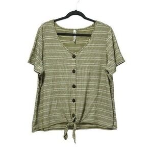 Collection Woman Olive Green White Stripe Button Front Tie Waist Top Size 2X